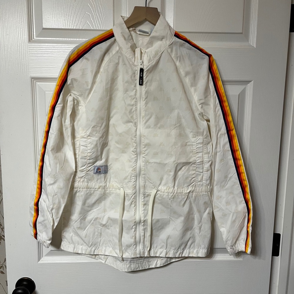 ALDI GEAR White All Over Logo‎ Windbreaker Jacket Rainbow Stripe Sleeve Size S
